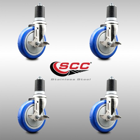 Service Caster 5 Inch 316SS Blue Poly Swivel 1-7/8 Inch Expanding Stem Caster Set Brake SCC SCC-SS316EX20S514-PPUBBLUE-TLB-178-4